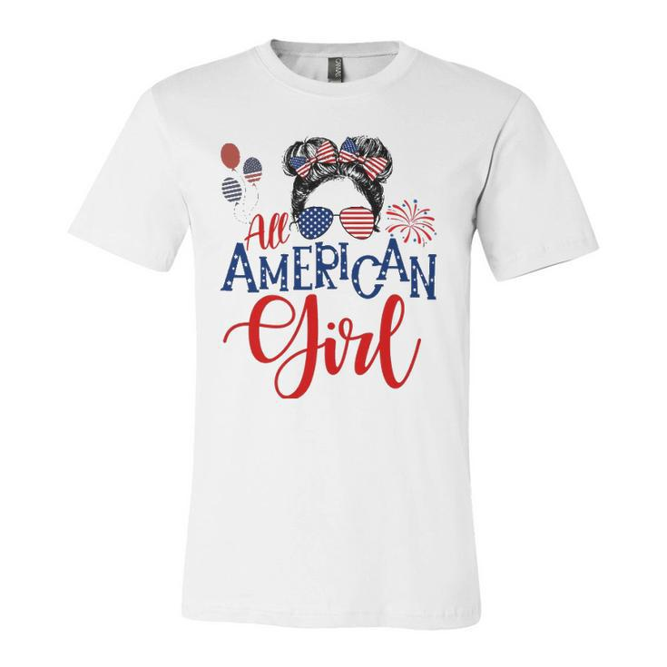All American Girl 4Th Of July Messy Bun Sunglasses Usa Flag Jersey T-Shirt