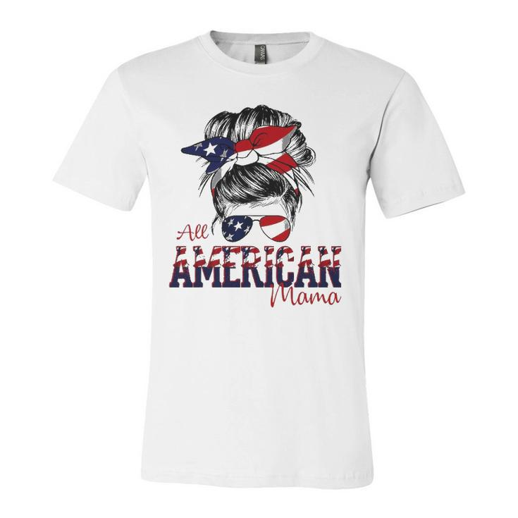 All American Mom 4Th Of July Messy Bun America Flag Jersey T-Shirt