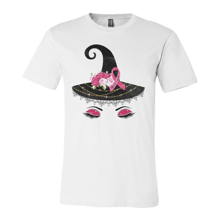 Breast Cancer Witch Hat Pink Ribbon Flower Awareness Month Jersey T-Shirt