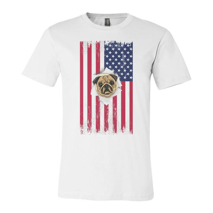 Cute Pug Face & American Flag – 4Th Of July Pug Dad Pug Mom   Unisex Jersey Short Sleeve Crewneck Tshirt