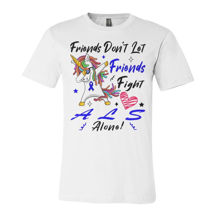 Friends Dont Let Friends Fight Als Alone  Unicorn Blue Ribbon  Amyotrophic Lateral Sclerosis Support  Als Awareness Unisex Jersey Short Sleeve Crewneck Tshirt