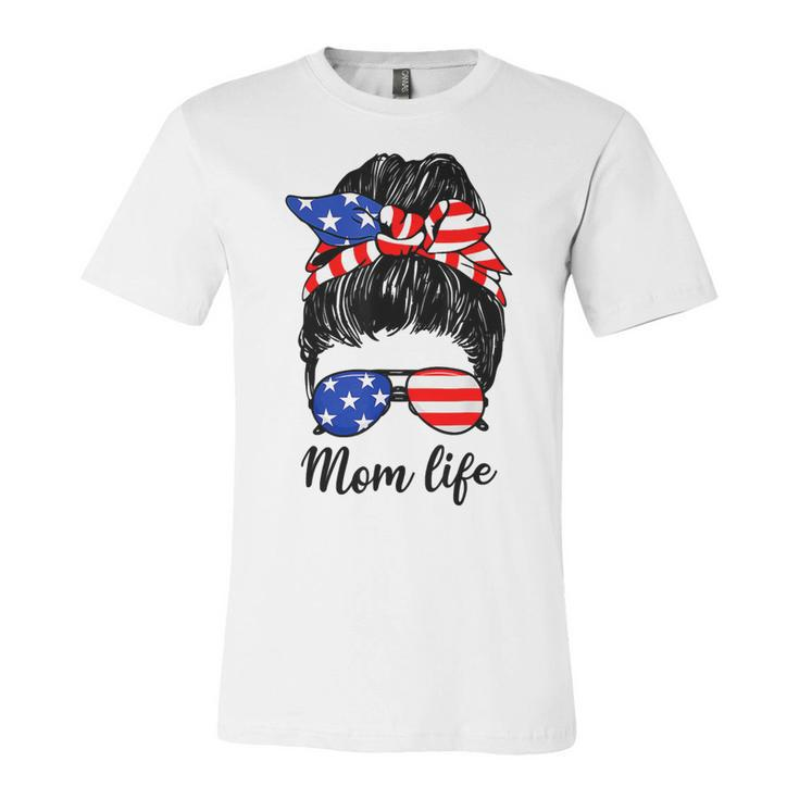 Funny American Flag 4Th Of July Mom Life Messy Bun Mors Day T-Shirt Unisex Jersey Short Sleeve Crewneck Tshirt