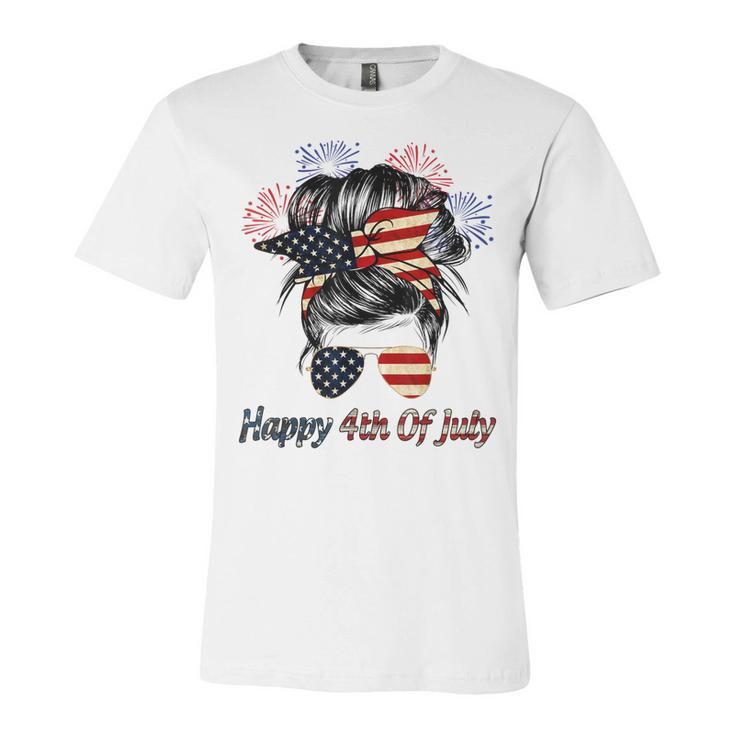 Happy 4Th Of July Messy Bun American Flag Firework  Unisex Jersey Short Sleeve Crewneck Tshirt