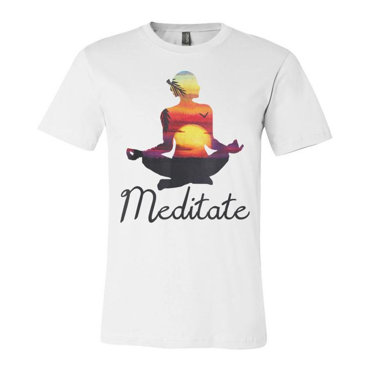 I Meditate T  Yoga Pose Tropical Sunrise Meditation V2 Unisex Jersey Short Sleeve Crewneck Tshirt