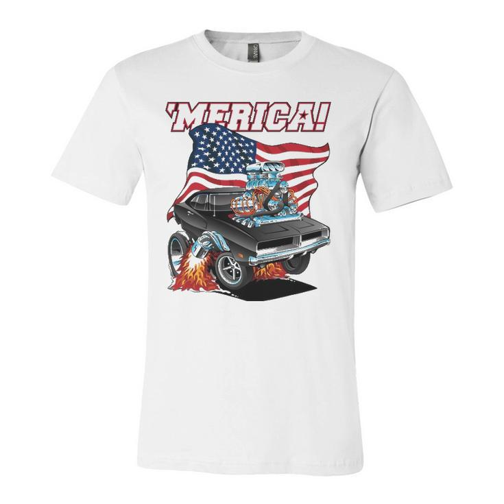Merica Patriotic Classic Hot Rod Muscle Car Usa Flag Jersey T-Shirt