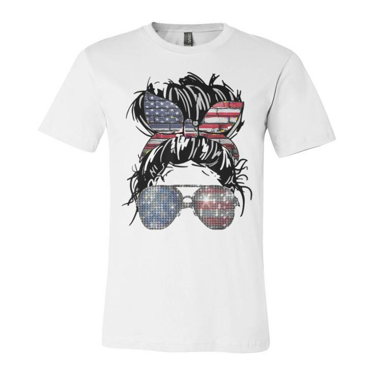 Messy Bun American Flag Glasses 4Th Of July Patriotic  Unisex Jersey Short Sleeve Crewneck Tshirt