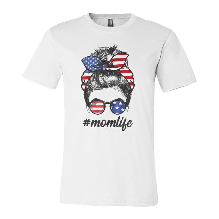 Mom Life Messy Bun America Flag 4Th Of July Jersey T-Shirt