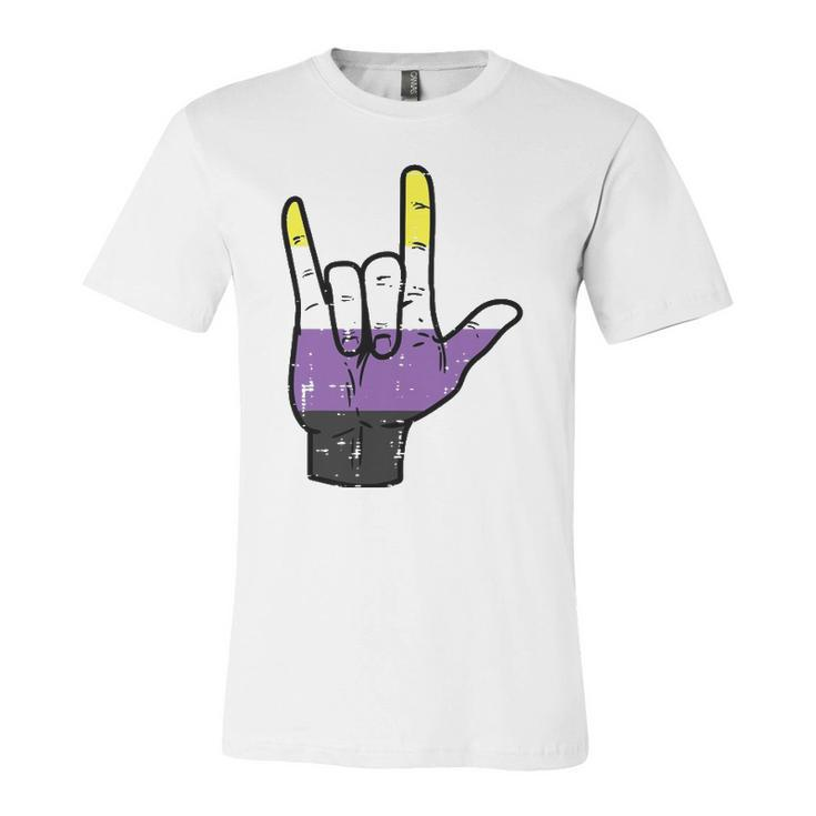 Nonbinary I Love You Hand Sign Language Enby Nb Pride Flag Jersey T-Shirt