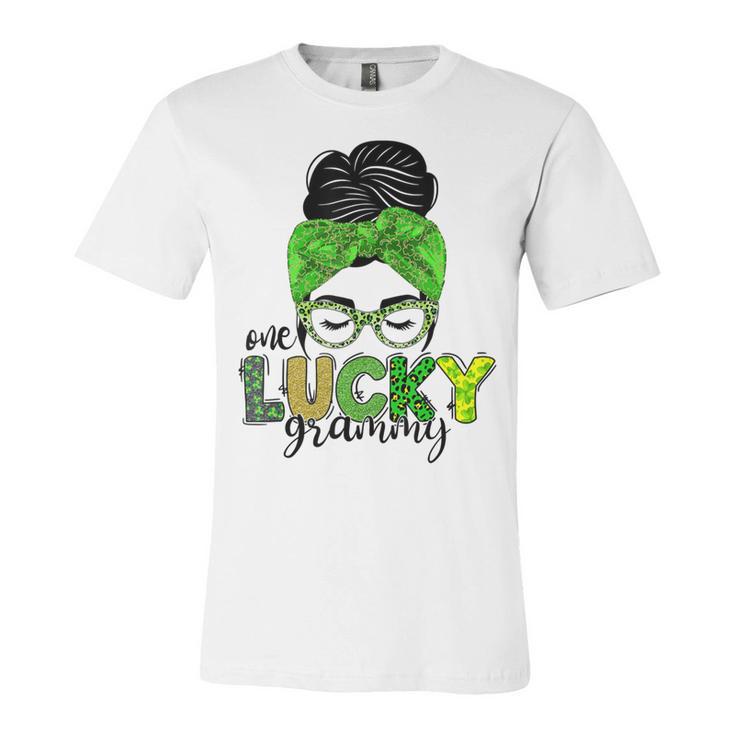 One Lucky Grammy Life Messy Bun St Patricks Day Irish Unisex Jersey Short Sleeve Crewneck Tshirt