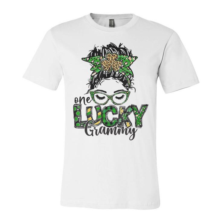 One Lucky Grammy St Patricks Day Messy Bun Leopard Unisex Jersey Short Sleeve Crewneck Tshirt