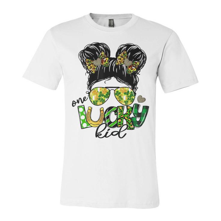 One Lucky Kid Messy Bun Shamrock St Patricks Day Unisex Jersey Short Sleeve Crewneck Tshirt