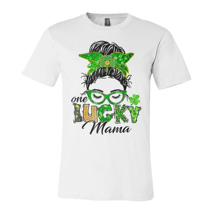 One Lucky Mama St Patricks Day Irish Shamrock Messy Bun Mom Unisex Jersey Short Sleeve Crewneck Tshirt