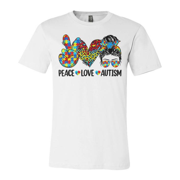 Peace Love Autism Mom Life Messy Bun Blue Autism Awareness Unisex Jersey Short Sleeve Crewneck Tshirt