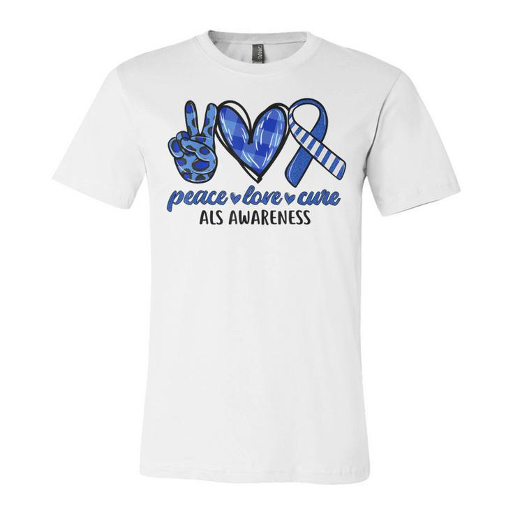 Peace Love Cure Blue & White Ribbon Als Awareness Month  V2 Unisex Jersey Short Sleeve Crewneck Tshirt
