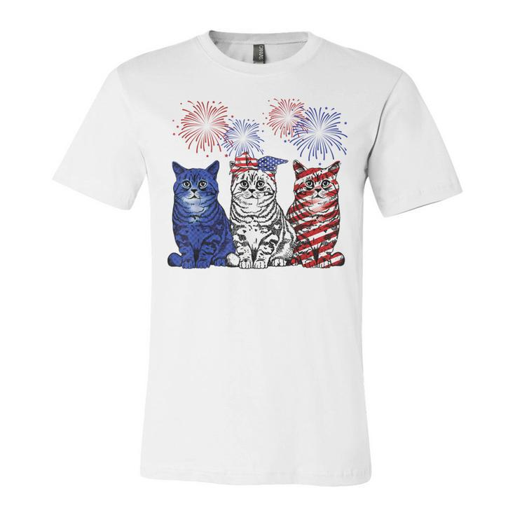Red White Blue Cats Usa Flag Fireworks 4Th Of July Patriotic  Unisex Jersey Short Sleeve Crewneck Tshirt