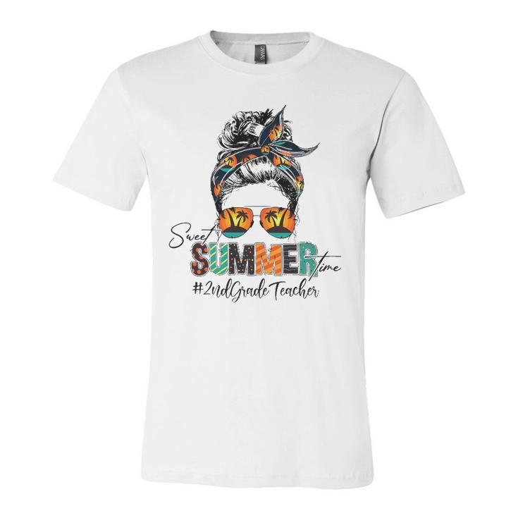 Sweet Summer Time 2Nd Grade Teacher Messy Bun Beach Vibes Jersey T-Shirt