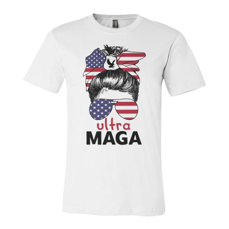 Ultra Maga American Flag Womens Messy Bun Wearing Glasses Unisex Jersey Short Sleeve Crewneck Tshirt