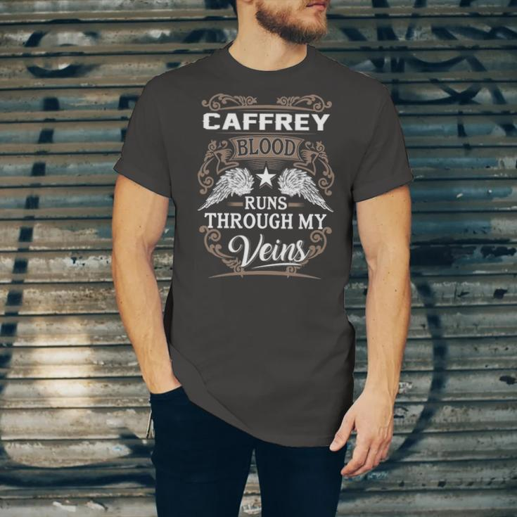 Caffrey Name Gift Caffrey Blood Runs Through My Veins Unisex Jersey Short Sleeve Crewneck Tshirt