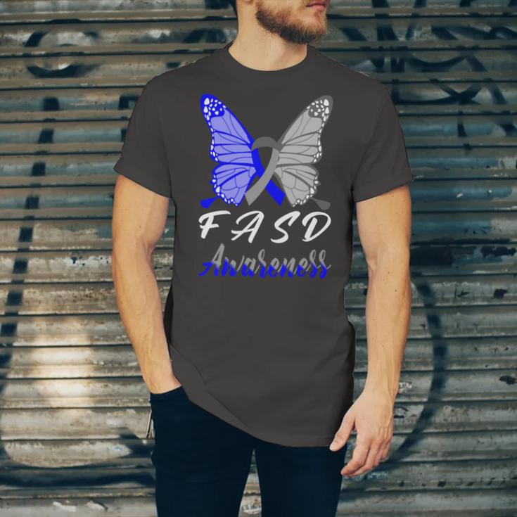 Fasd Awareness Butterfly Blue And Grey Ribbon Fetal Alcohol Spectrum Disorder Fetal Alcohol Spectrum Disorder Awareness Unisex Jersey Short Sleeve Crewneck Tshirt