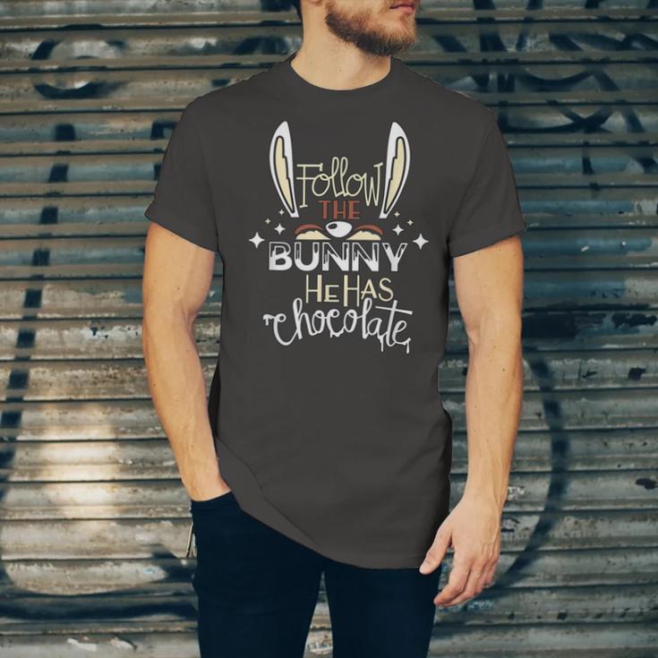 Follow The Bunny He Has Chocolate Unisex Jersey Short Sleeve Crewneck Tshirt