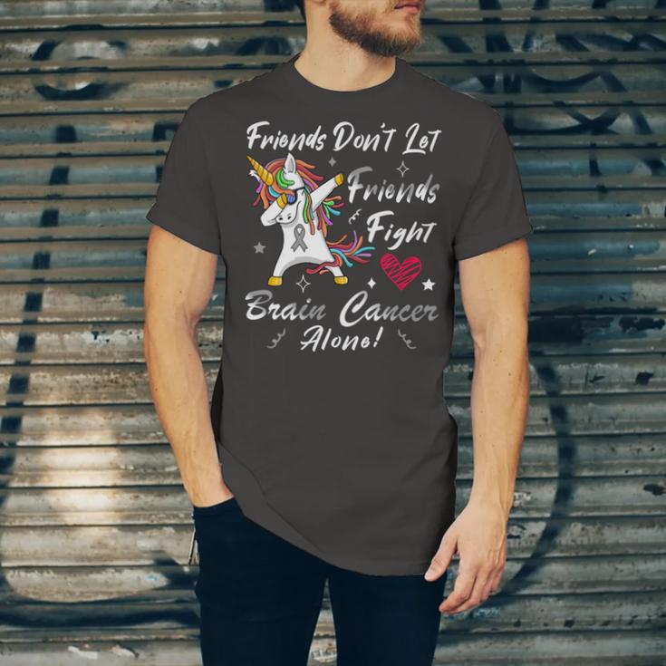 Friends Dont Let Friends Fight Brain Cancer Alone Unicorn Grey Ribbon Brain Cancer Brain Cancer Awareness V2 Unisex Jersey Short Sleeve Crewneck Tshirt