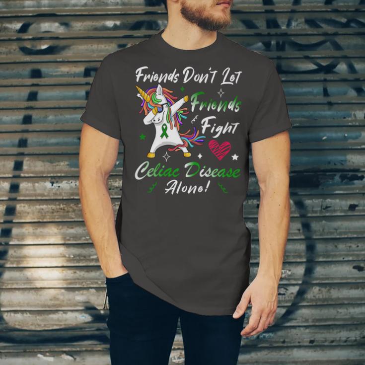 Friends Dont Let Friends Fight Celiac Disease Alone Unicorn Green Ribbon Celiac Disease Celiac Disease Awareness Unisex Jersey Short Sleeve Crewneck Tshirt