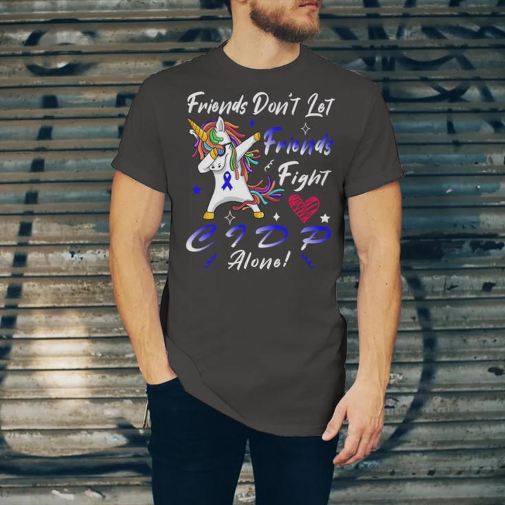 Friends Dont Let Friends Fight Chronic Inflammatory Demyelinating Polyneuropathy Cidp Alone Unicorn Blue Ribbon Cidp Support Cidp Awareness V2 Unisex Jersey Short Sleeve Crewneck Tshirt