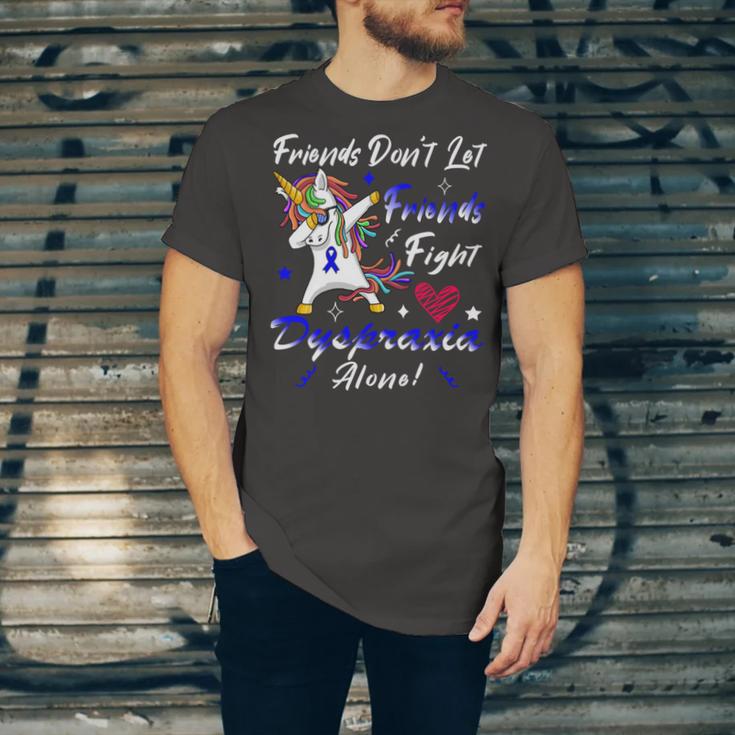 Friends Dont Let Friends Fight Dyspraxia Alone Blue Ribbon Unicorn Dyspraxia Dyspraxia Awareness Unisex Jersey Short Sleeve Crewneck Tshirt