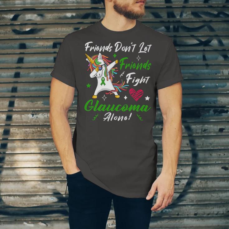 Friends Dont Let Friends Fight Glaucoma Alone Unicorn Green Ribbon Glaucoma Glaucoma Awareness Unisex Jersey Short Sleeve Crewneck Tshirt