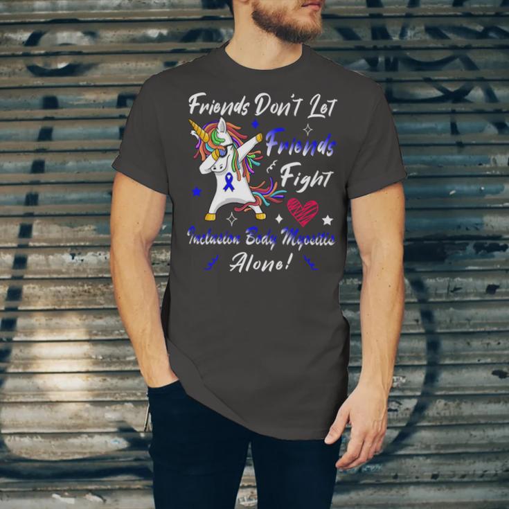 Friends Dont Let Friends Fight Ibm Alone Unicorn Blue Ribbon Inclusion Body Myositis Inclusion Body Myositis Awareness Unisex Jersey Short Sleeve Crewneck Tshirt