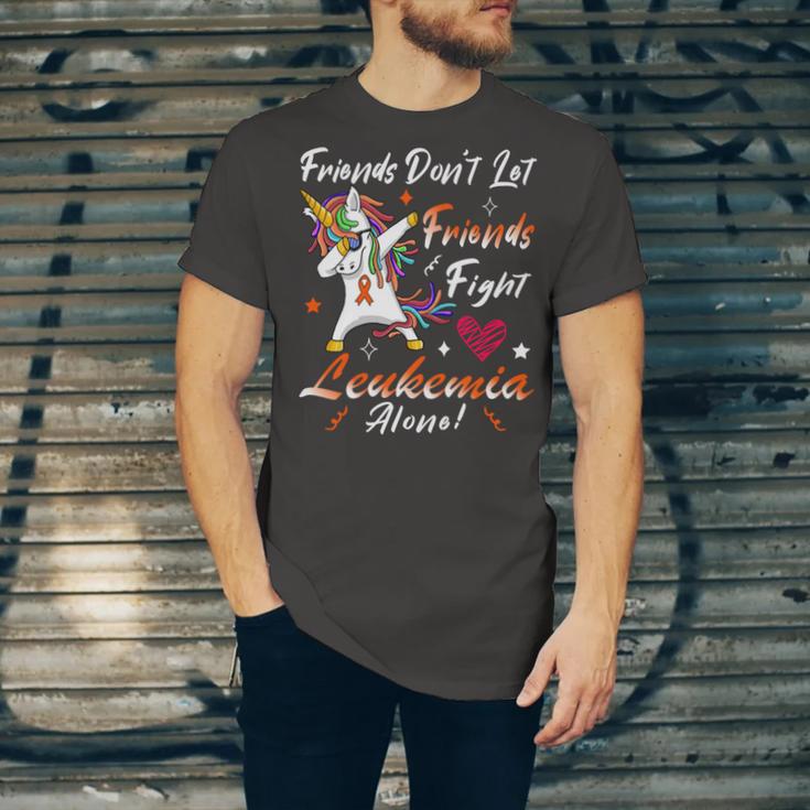 Friends Dont Let Friends Fight Leukemia Alone Unicorn Orange Ribbon Leukemia Leukemia Awareness Unisex Jersey Short Sleeve Crewneck Tshirt