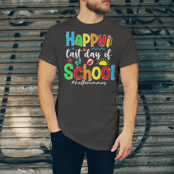 Funny Happy Last Day Of School Hello Summer Multicolored Unisex Jersey Short Sleeve Crewneck Tshirt