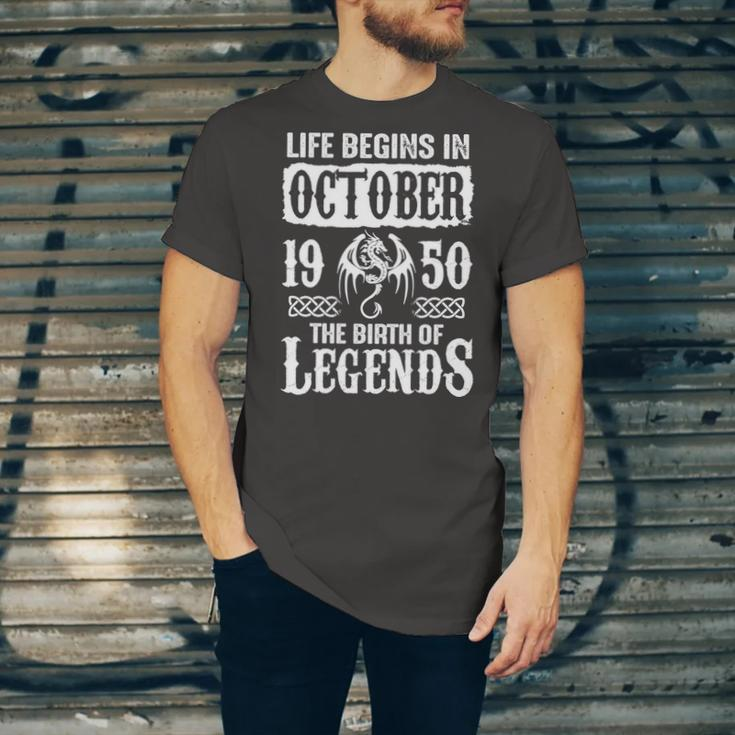October 1950 Birthday Life Begins In October 1950 Unisex Jersey Short Sleeve Crewneck Tshirt