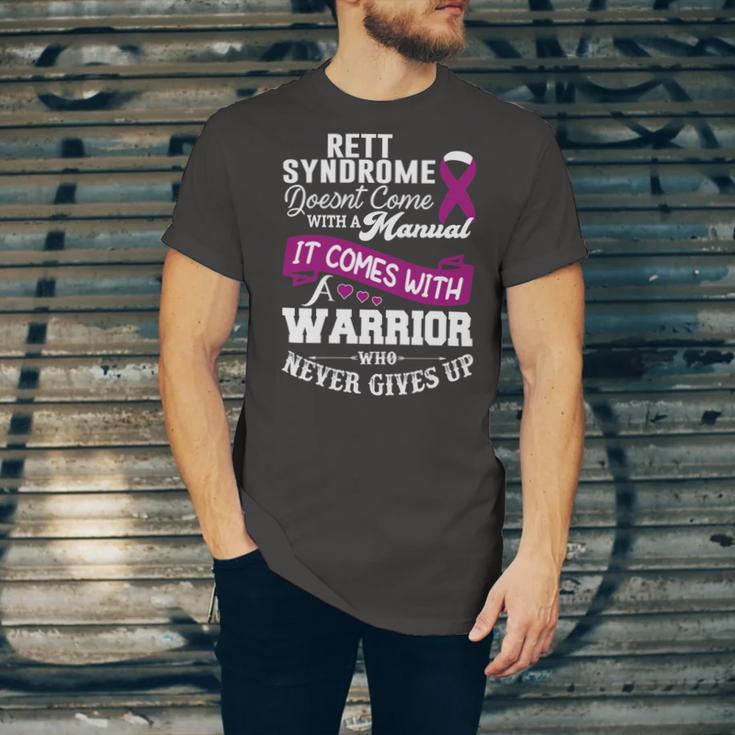 Rett Syndrome Doesnt Come With A Manual It Comes With A Warrior Who Never Gives Up Purple Ribbon Rett Syndrome Rett Syndrome Awareness Unisex Jersey Short Sleeve Crewneck Tshirt