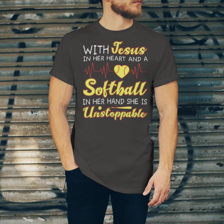 With Jesus In Her Heart And A Softball In Her Hand She Is Unstoppable A Unisex Jersey Short Sleeve Crewneck Tshirt