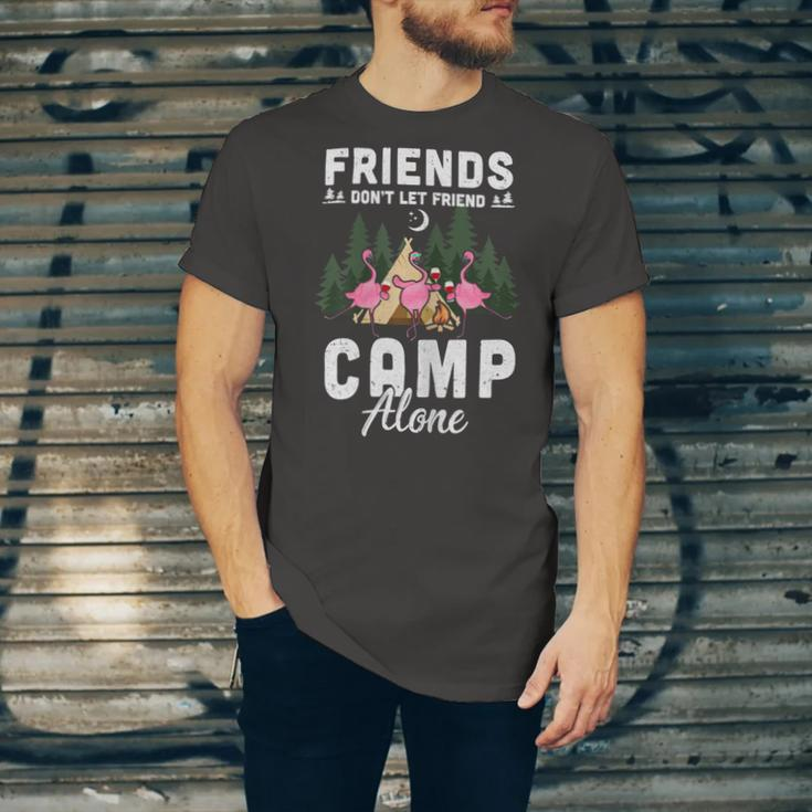 Womens Friends Dont Let Friends Camp Alone Wine Camping FlamingoShirt Unisex Jersey Short Sleeve Crewneck Tshirt