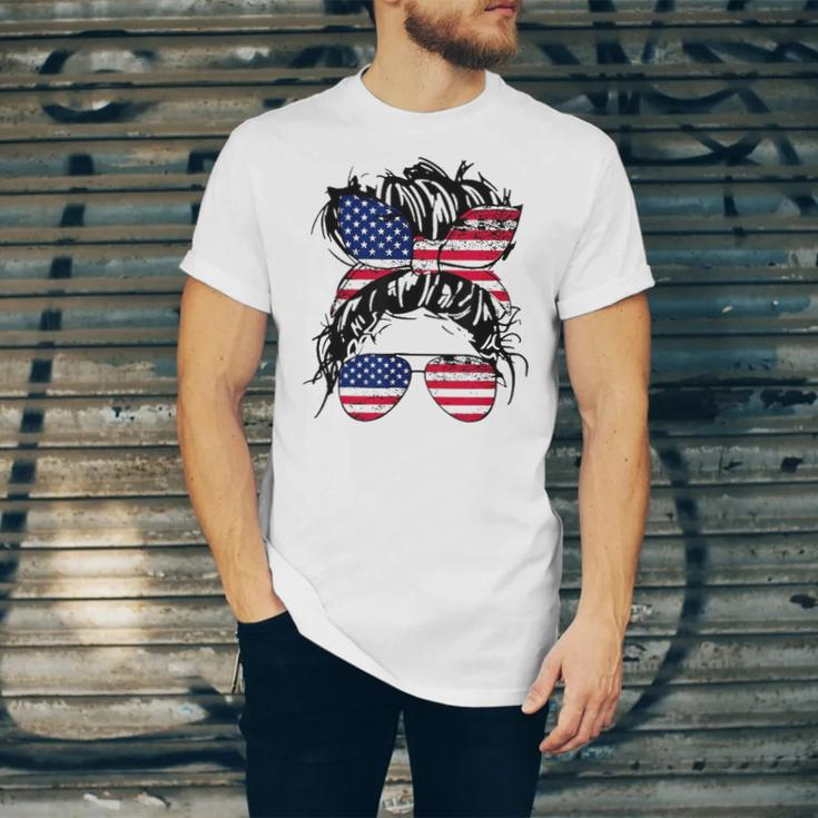 4Th Of July American Flag Patriotic Daughter Messy Bun Usa Jersey T-Shirt