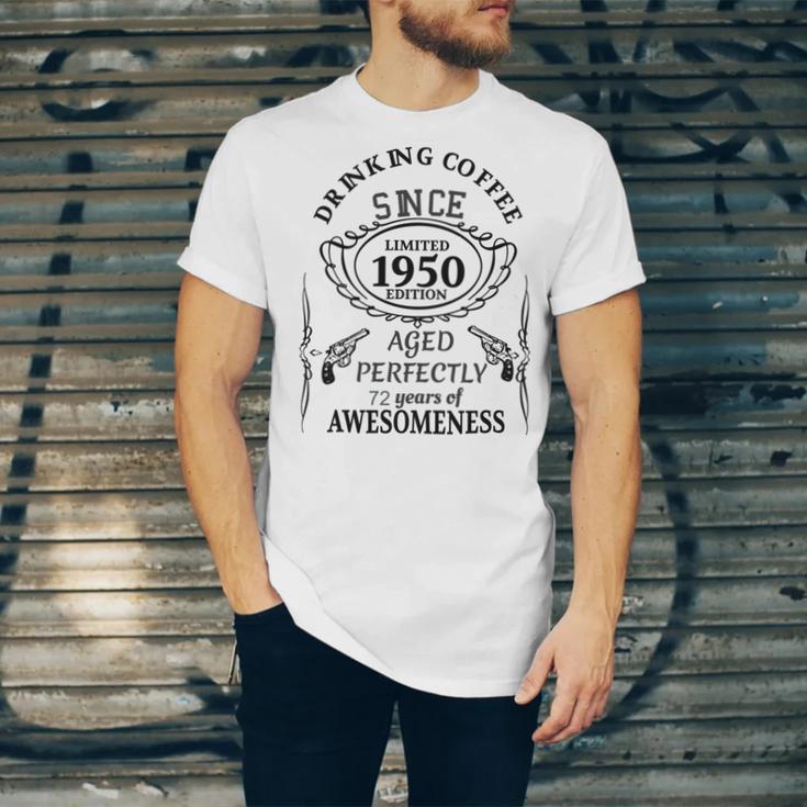 Drinking Coffee Since 1950 Aged Perfectly 72 Years Of Awesomenss Unisex Jersey Short Sleeve Crewneck Tshirt