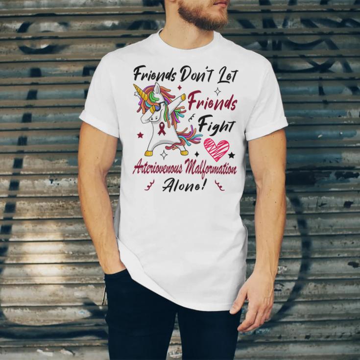 Friends Dont Let Friends Fight Arteriovenous Malformation Alone Unicorn Burgundy Ribbon Arteriovenous Malformation Support Arteriovenous Malformation Awareness Unisex Jersey Short Sleeve Crewneck Tshirt