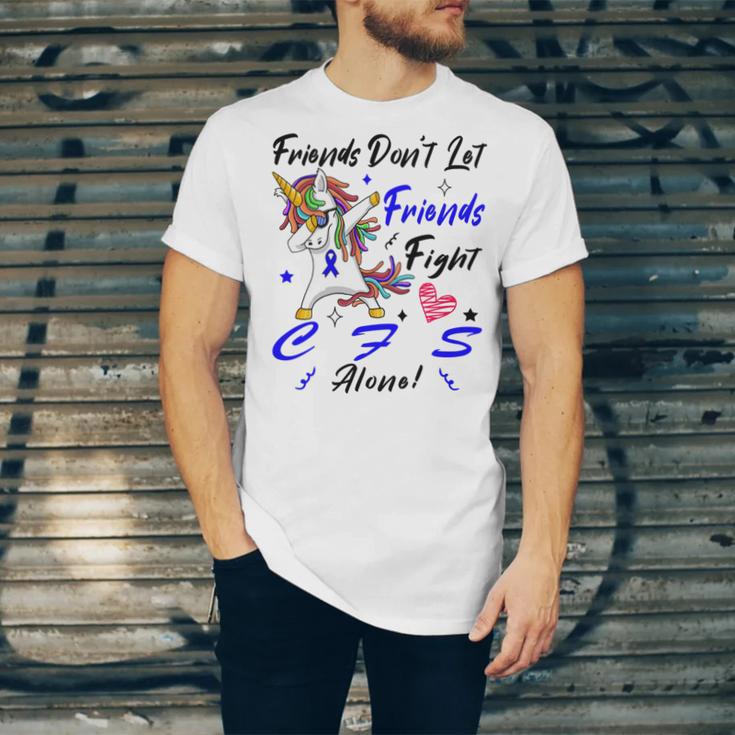 Friends Dont Let Friends Fight Chronic Fatigue Syndrome Cfs Alone Unicorn Blue Ribbon Chronic Fatigue Syndrome Support Cfs Awareness Unisex Jersey Short Sleeve Crewneck Tshirt