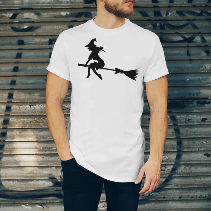 Halloween Young Scary Witch On Broom Pattern Unisex Jersey Short Sleeve Crewneck Tshirt