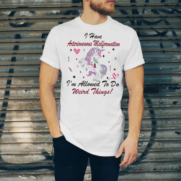 I Have Arteriovenous Malformation Im Allowed To Do Weird Things Funny Unicorn Burgundy Ribbon Arteriovenous Malformation Support Arteriovenous Malformation Awareness Unisex Jersey Short Sleeve Crewneck Tshirt