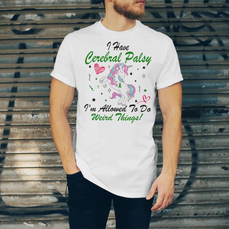 I Have Cerebral Palsy Im Allowed To Do Weird Things Unicorn Green Ribbon Cerebral Palsy Cerebral Palsy Awareness Unisex Jersey Short Sleeve Crewneck Tshirt