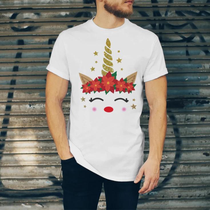 New Christmas Unicorn Face Santicorn Poinsettia Crown Cute Unisex Jersey Short Sleeve Crewneck Tshirt