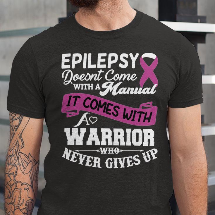 Epilepsy Doesnt Come With A Manual It Comes With A Warrior Who Never Gives Up Purple Ribbon Epilepsy Epilepsy Awareness Unisex Jersey Short Sleeve Crewneck Tshirt