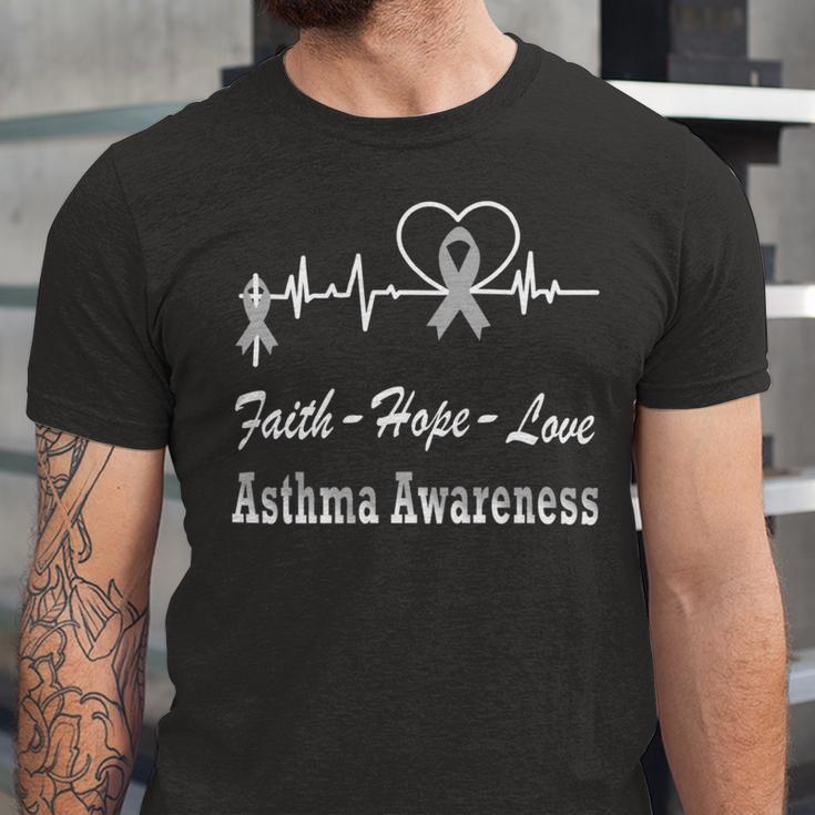 Faith Hope Love Asthma Awareness Heartbeat Christian Cross Grey Ribbon Asthma Asthma Awareness Unisex Jersey Short Sleeve Crewneck Tshirt