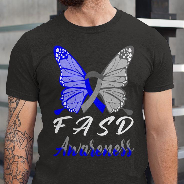 Fasd Awareness Butterfly Blue And Grey Ribbon Fetal Alcohol Spectrum Disorder Fetal Alcohol Spectrum Disorder Awareness Unisex Jersey Short Sleeve Crewneck Tshirt