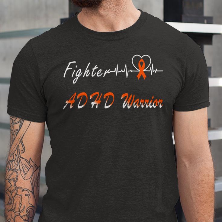 Fighter Adhd Warrior Heartbeat Orange Ribbon Attention Deficit Hyperactivity Disorder Adhd Awareness Unisex Jersey Short Sleeve Crewneck Tshirt