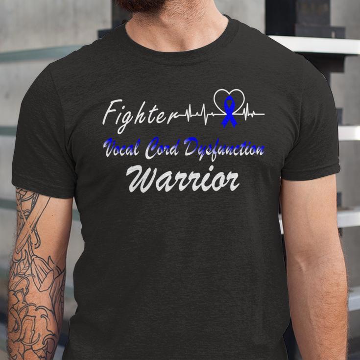 Fighter Vocal Cord Dysfunction Warrior Heartbeat Blue Ribbon Vcd Vocal Cord Dysfunction Awareness Unisex Jersey Short Sleeve Crewneck Tshirt