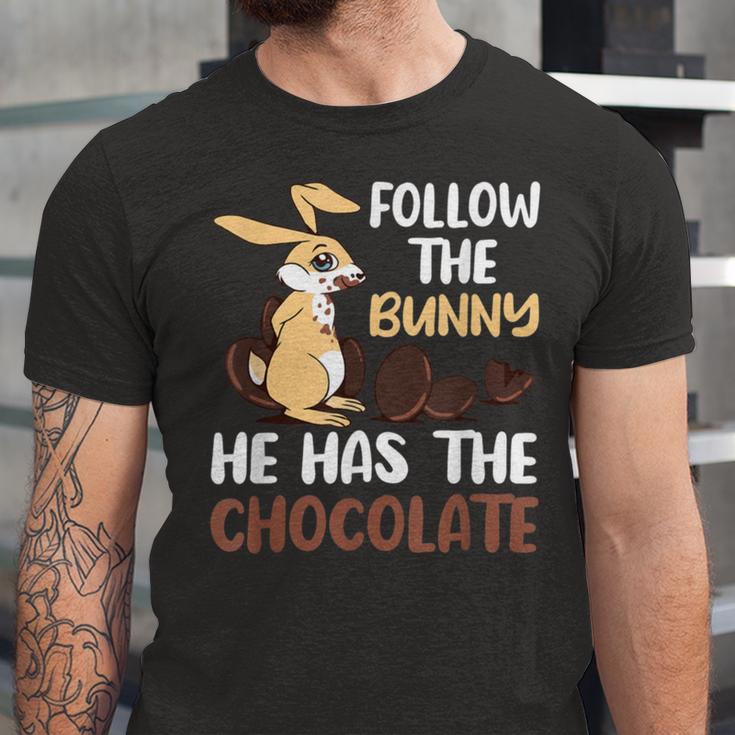 Follow The Bunny He Has Chocolate Unisex Jersey Short Sleeve Crewneck Tshirt